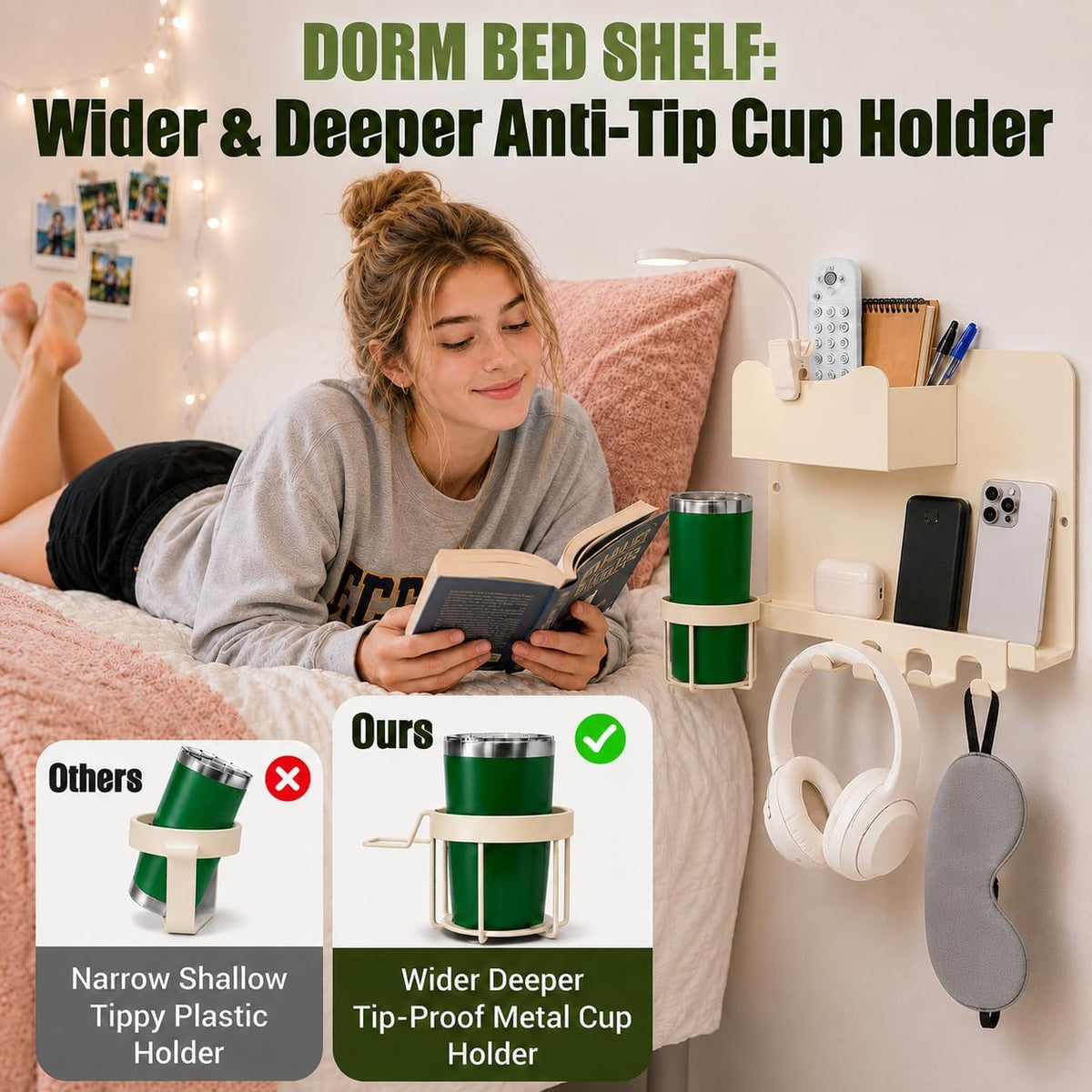 Floating Bedside Wall Shelf, Metal Wall Organizer with Detachable Cup Holde