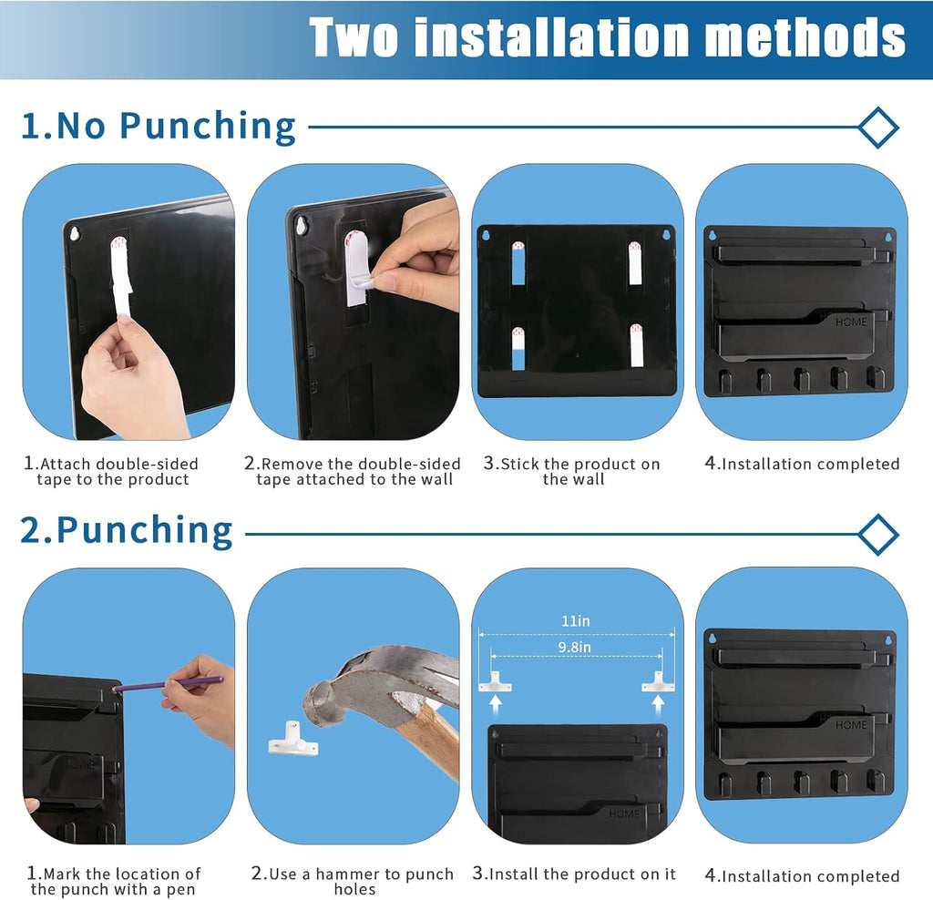 YONGAIJIA Bedside Shelf Wall Mount with Hooks, Cable Clips, No-Drill, Black