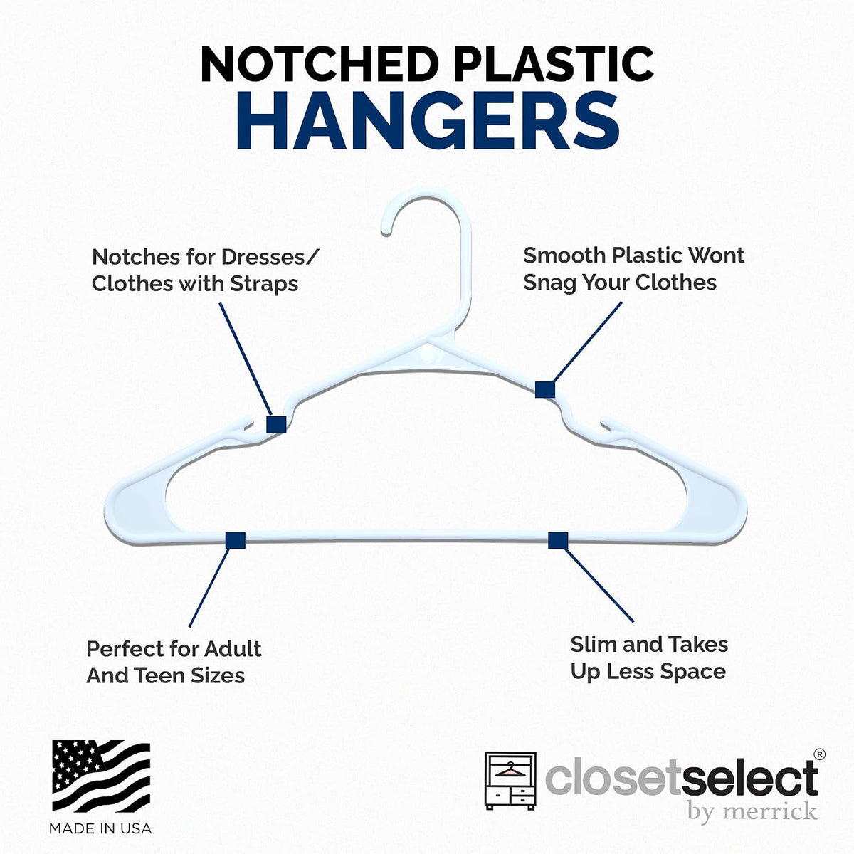 Closetselect Plastic Hangers 50 Pack, Strong Space Saving Notch Hanger, Made in USA, Perfect Shirt or Coat Plastic Hanger, with Shoulder Grooves, White, Notched