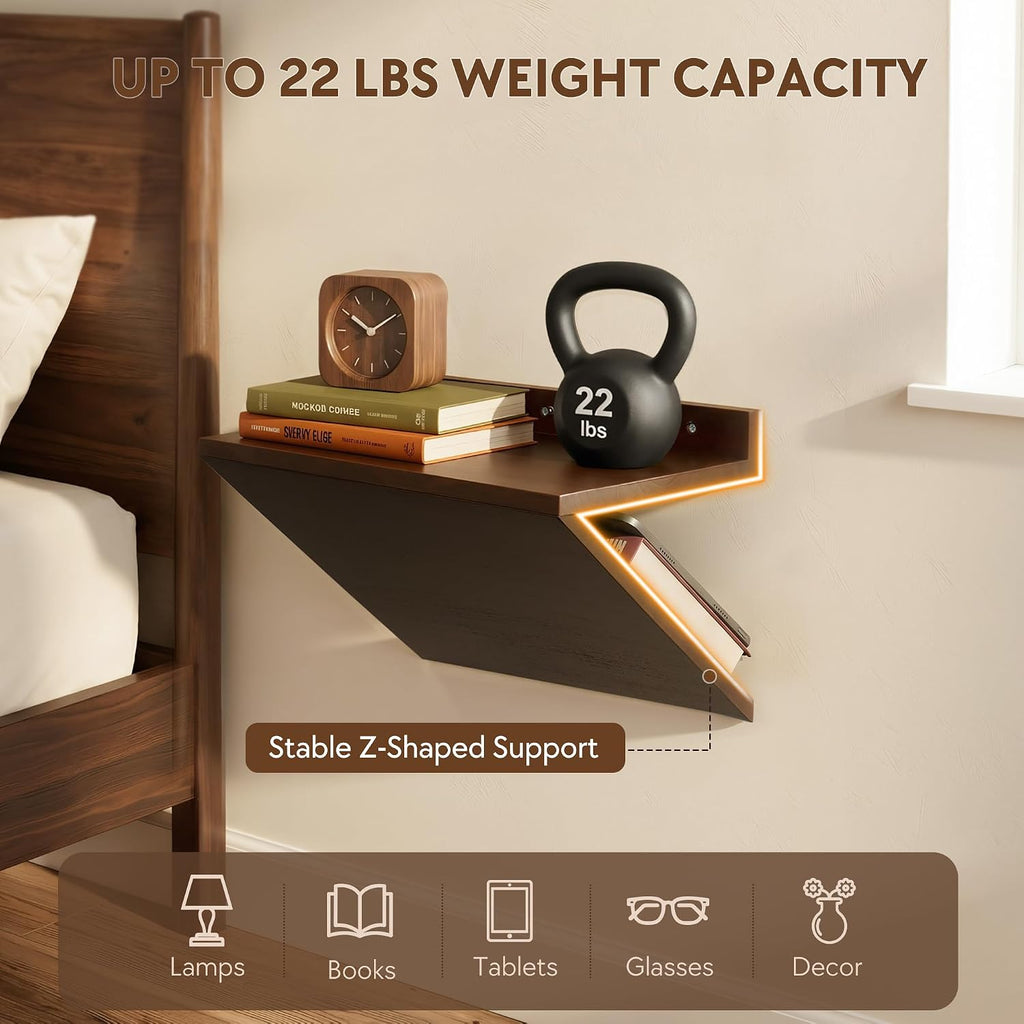 Floating Nightstand Set of 2 Walnut Bedside Table Wall Mounted Wood
