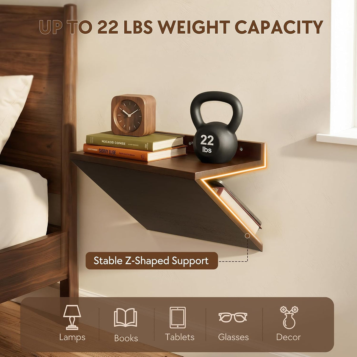 Floating Nightstand Set of 2 Walnut Bedside Table Wall Mounted Wood