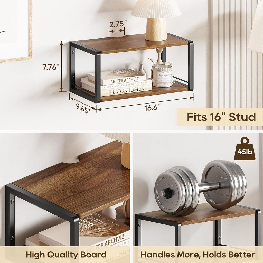 Floating Nightstand, Wood Bedside Shelf Wall Mounted Nightstand with Heavy-Duty Frame, Floating Bedside Table for Bedroom, Bathroom, Kitchen, (Vintage Brown, 1 Pack)