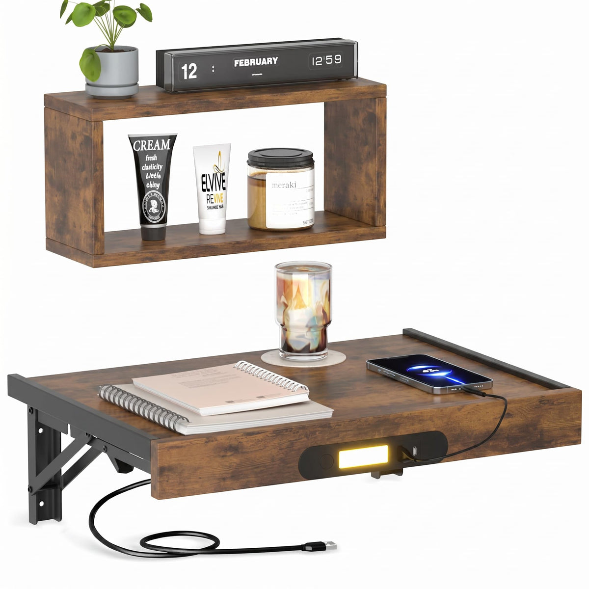 TEAMIX Wall Mounted Folding Bedside Shelf, Black Wood Floating Nightstand Table with Heavy-Duty Brackets, 16.5''x12'' Space Saving Bed Side Tray Storage for Bedroom, Living Room, Dorm (Black, Basic)