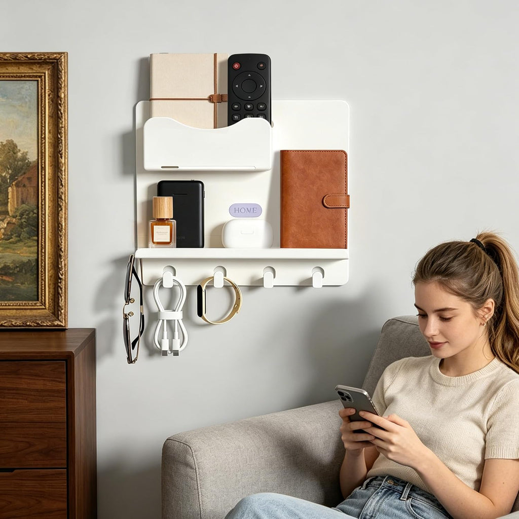 Bedside Shelf Wall Mount, Adhesive Bedside Shelf Accessories Organizer with Hooks and Cable Clips,Dorm Bedside Wall Storage for Phone, Remote, Earphone,Plastic (White)