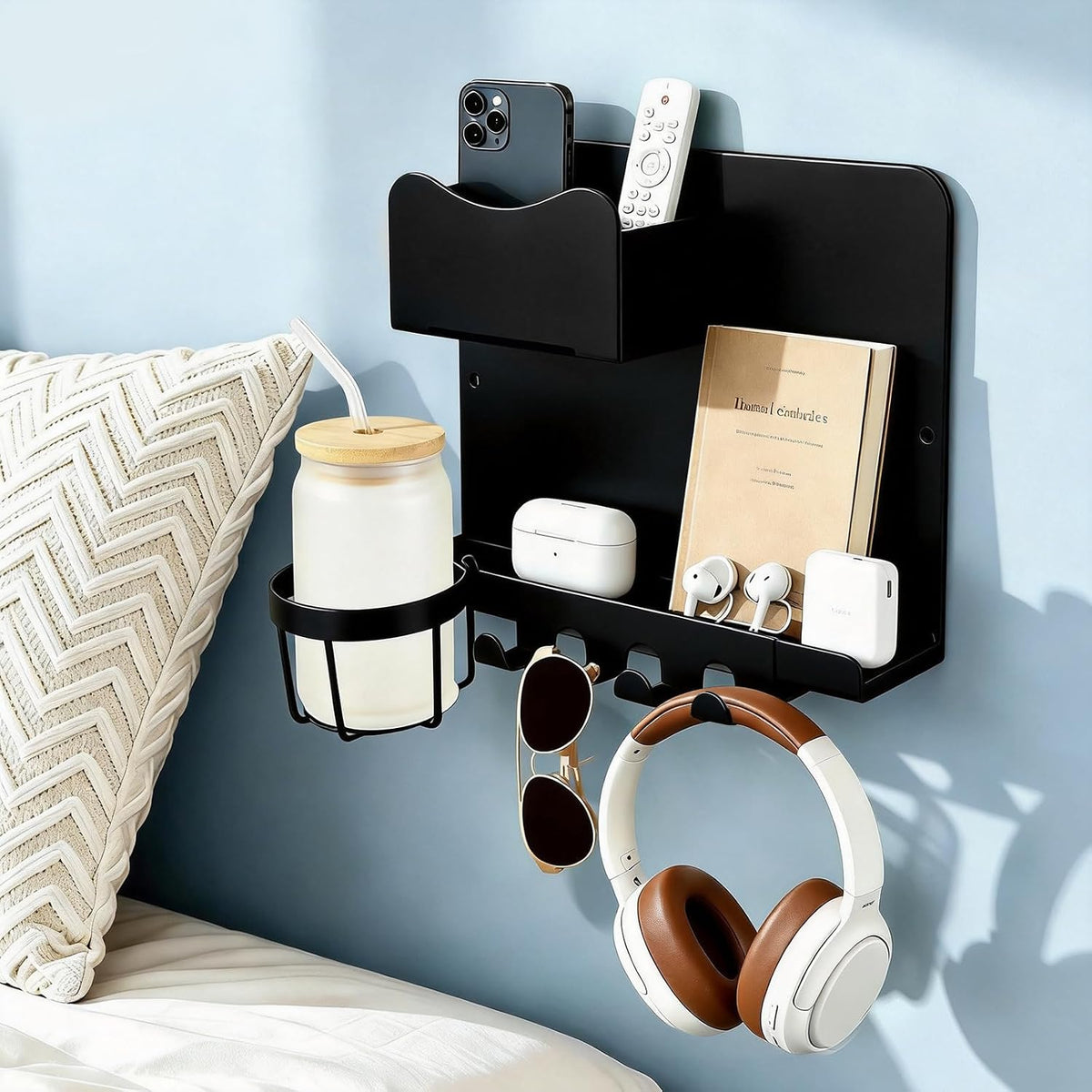 Metal Bedside Wall Shelf with Cup Holder, No Drill Floating Bedside Shelf Organizer, Wall Mounted Nightstand Alternative for Bedroom, Dorm, Bunk Bed, Loft Bed & Small Spaces, Black