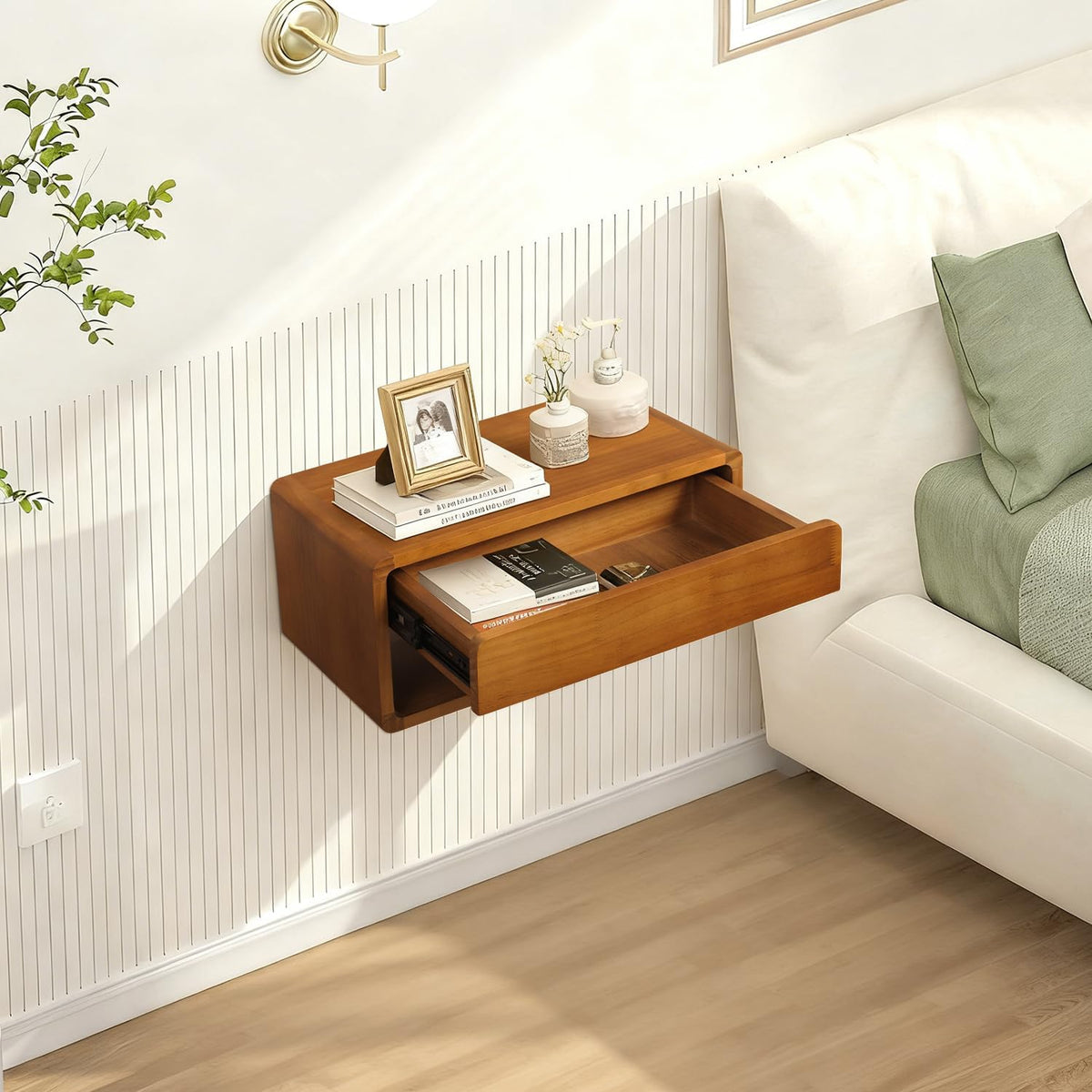 Floating Nightstand Wall Mounted Bedside Shelf Handmade Bedroom Furniture,Pine Wood Floating Bedside Table, Minimalist and Unique Style 17.5”x 9.5”x 8” Brown