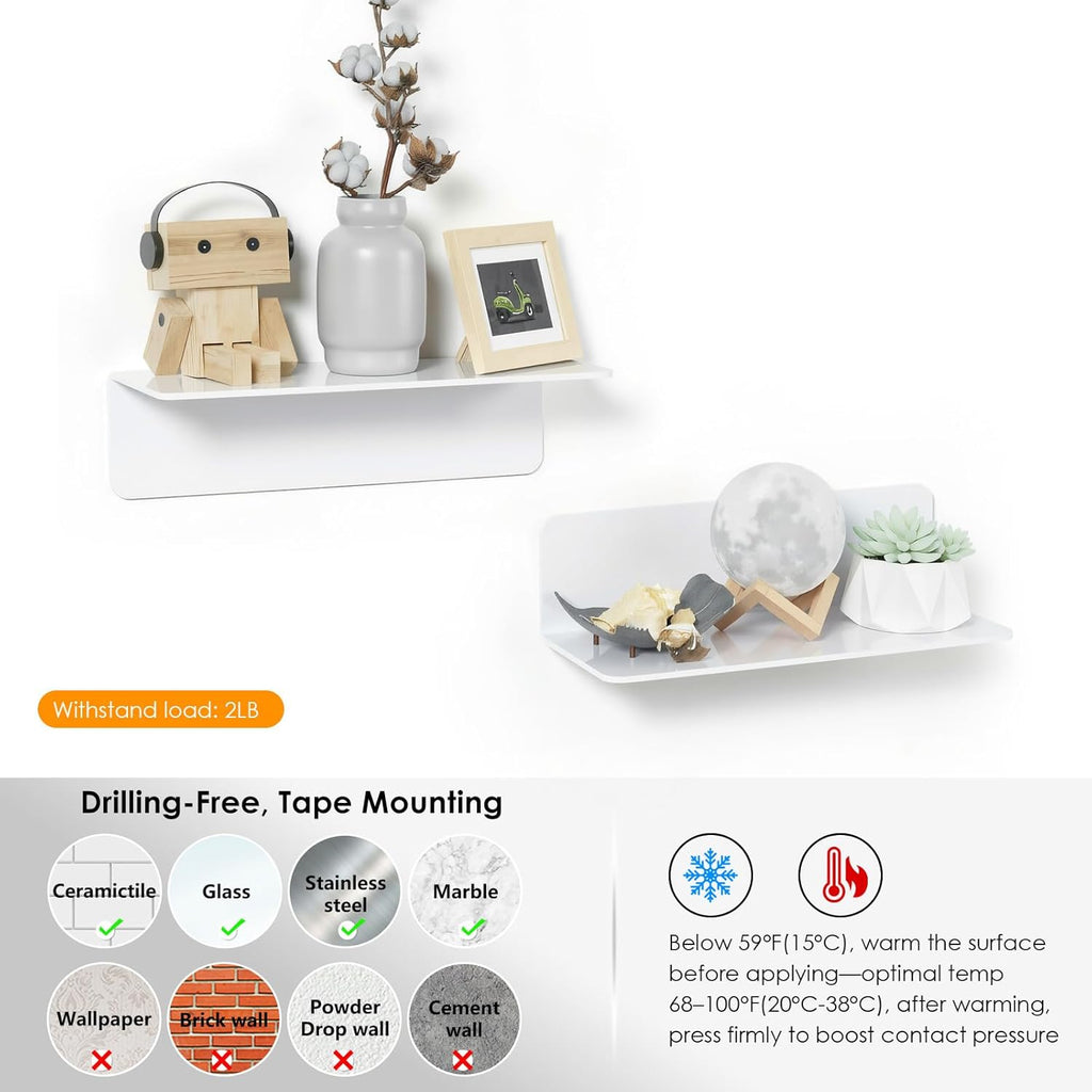 OAPRIRE Acrylic Floating Wall Shelves White, No Drill, 9 Inch 2 Pack