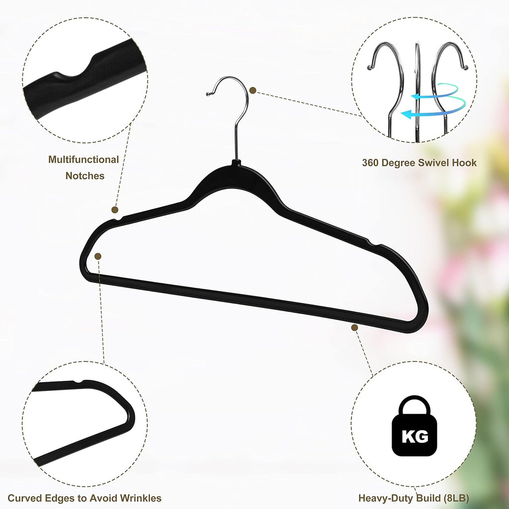 Quality Hangers 50 Pack Plastic Hangers for Clothes - Slim Non-Velvet Hangers with 360° Swivel Chrome Hook & Non Slip Notches - Ideal for Dresses Coats Shirts Jackets & More - Black