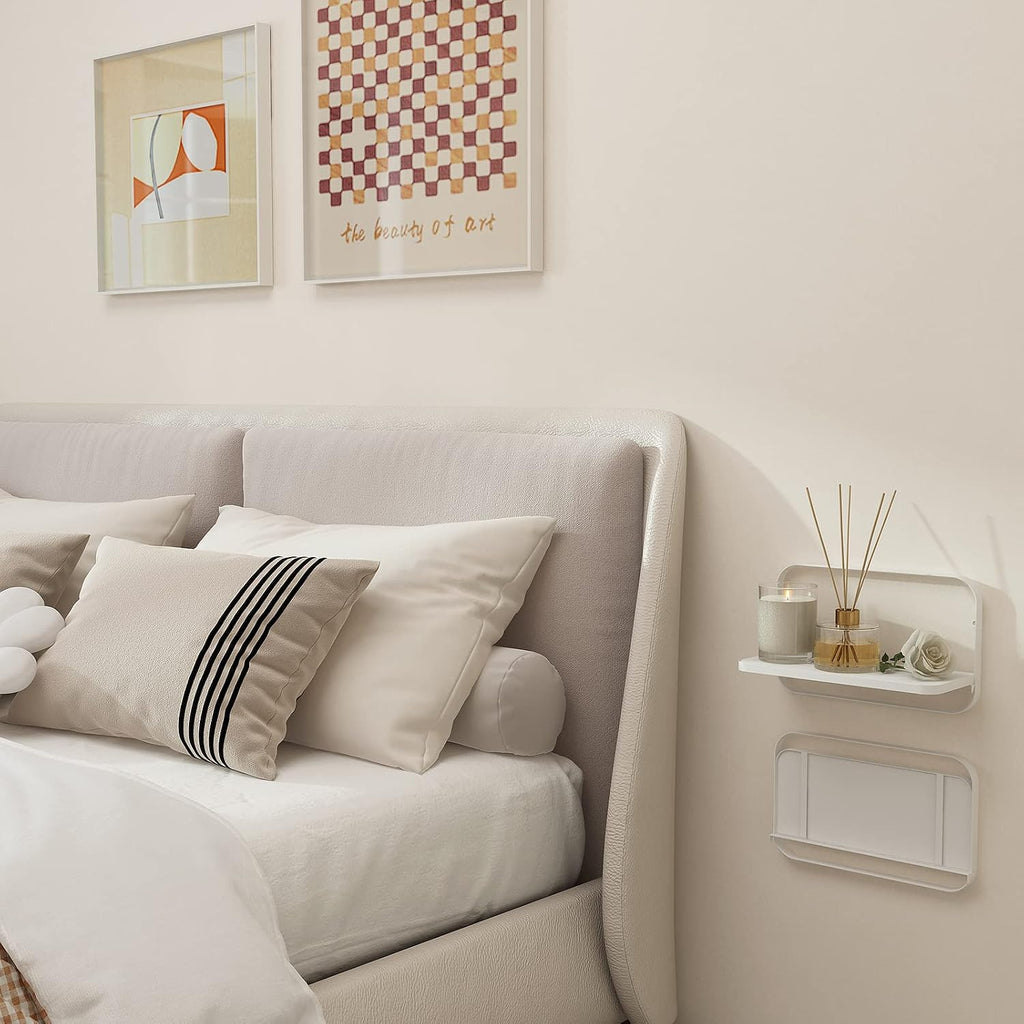 WELLAND White Floating Shelves Set of 2, Small Fold Down Wall Shelf Folding Display Wall Shelves for RV, Camper, Loft, Bedside | White Wooden Board & Metal Frame | 12" W x 5" D x 7" H