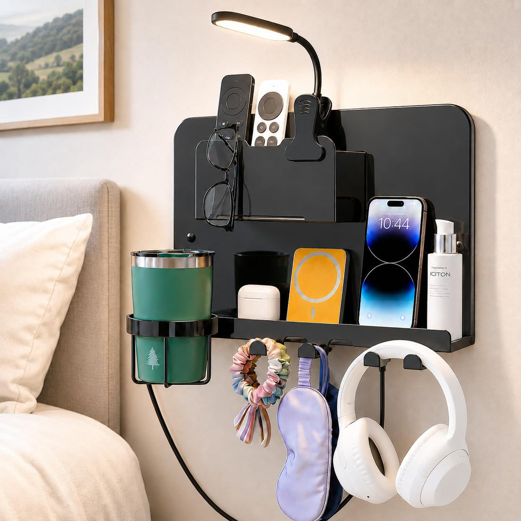 Floating Bedside Wall Shelf, Metal Wall Organizer with Detachable Cup Holde
