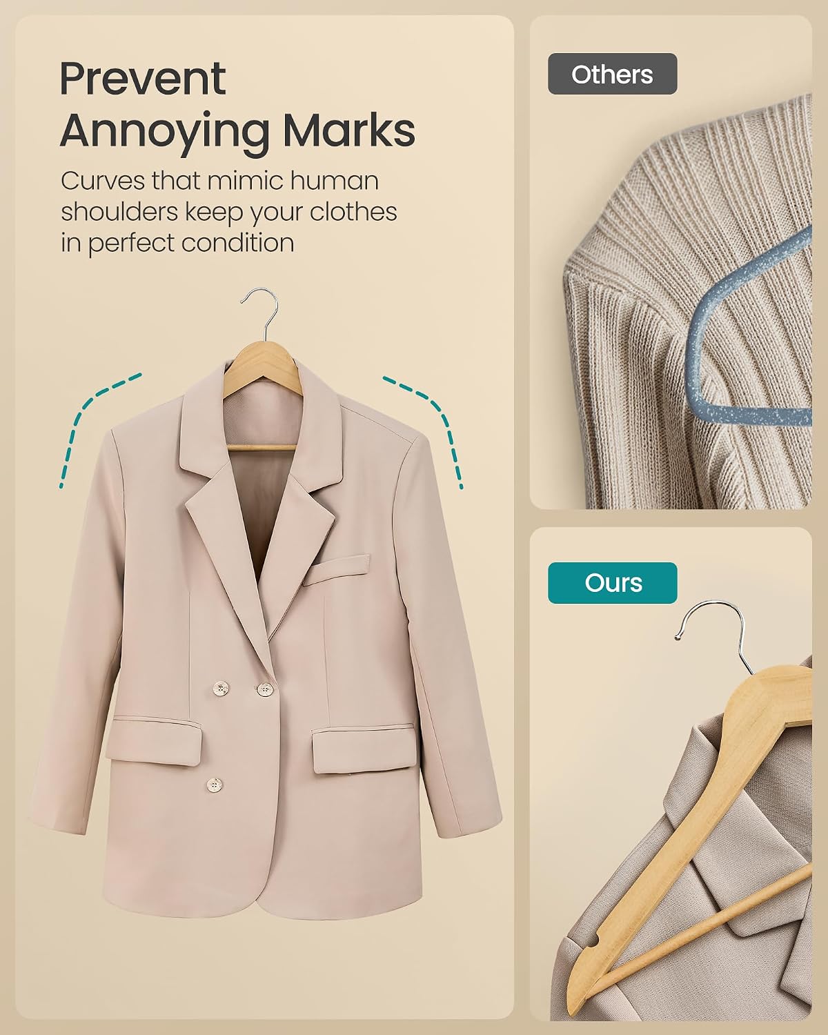 SONGMICS Wooden Hangers, 30 Pack, Basic Wood Clothes Hangers, Space Saving