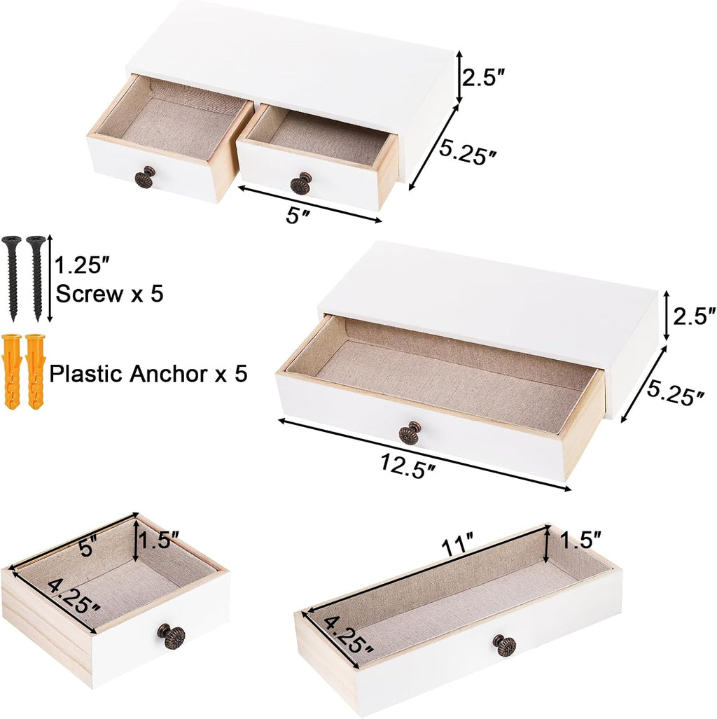 Yesland 2 Packs Space-Saving Floating Nightstand with Drawer - Perfect for Small Spaces - Supports 11 lbs - Compact Wall Mount Rustic Wood Floating Drawers - White