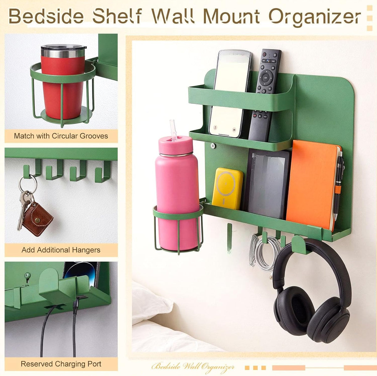 Novabright Bedside Wall Organizer Metal Shelf for Dorm Bedroom,Sage Green