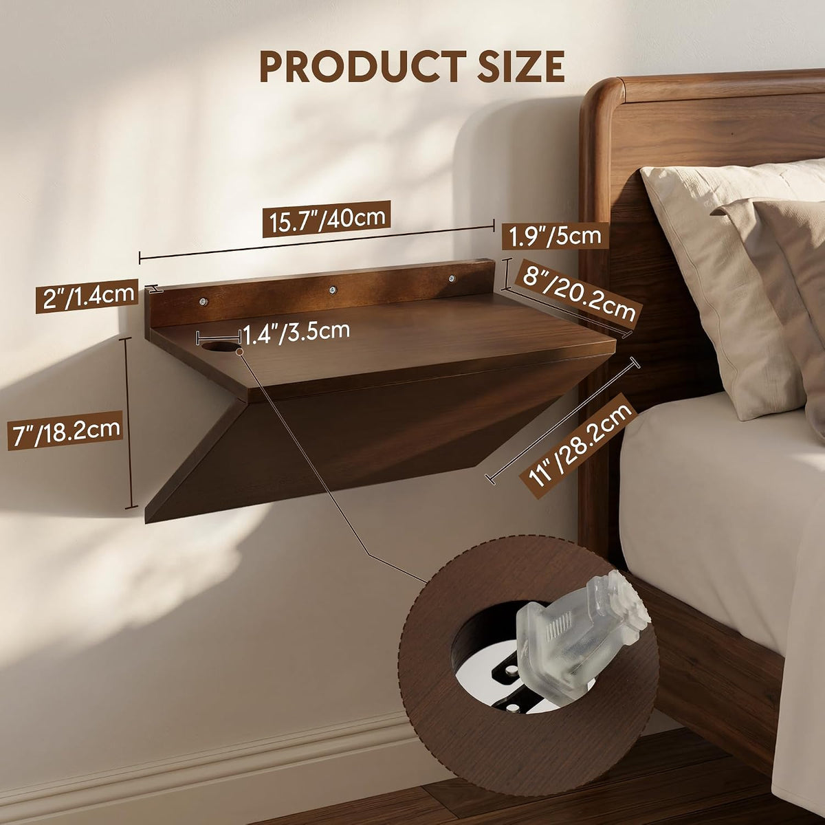 Floating Nightstand Set of 2 Walnut Bedside Table Wall Mounted Wood