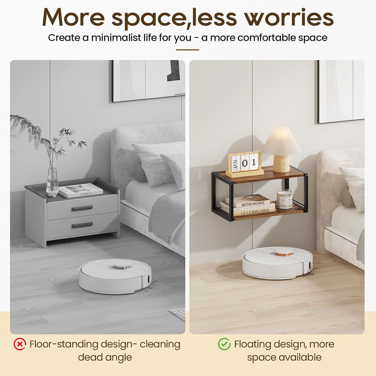 Floating Nightstand, Wood Bedside Shelf Wall Mounted Nightstand with Heavy-Duty Frame, Floating Bedside Table for Bedroom, Bathroom, Kitchen, (Vintage Brown, 1 Pack)