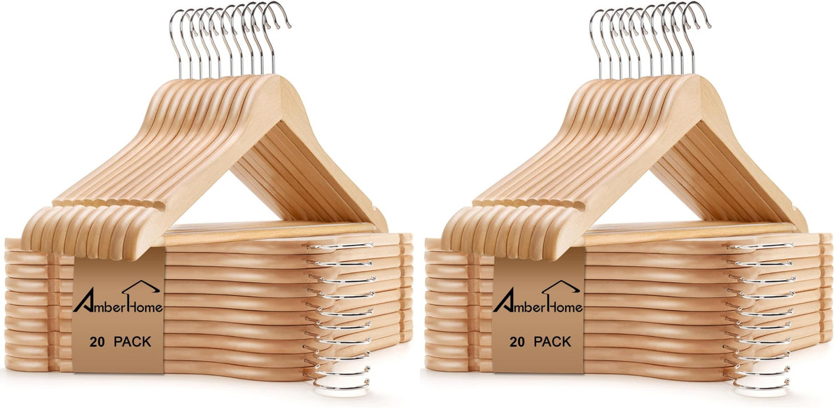 Amber Home 30 Pack Natural Wooden Coat Hangers, Wood Suit Hangers