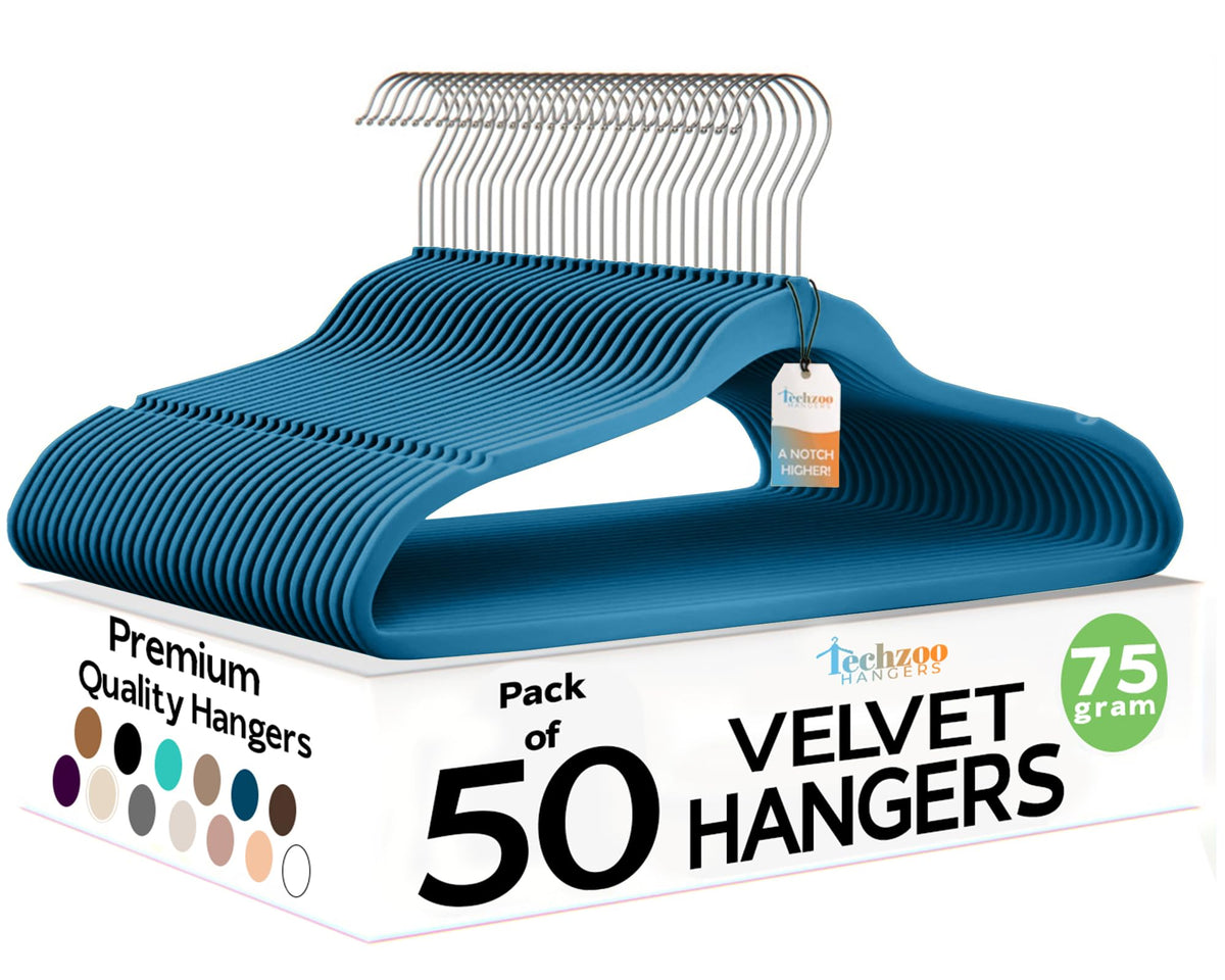 Techzoo 50 Pack New Premium Quality Velvet Hangers Ultra Thin Non Slip Adult Felt Space Saving Hangers for Closet Heavy Duty Coat Pants Jackets Dress Hangers 360° Swivel Hook Hold Upto 10 lbs Black
