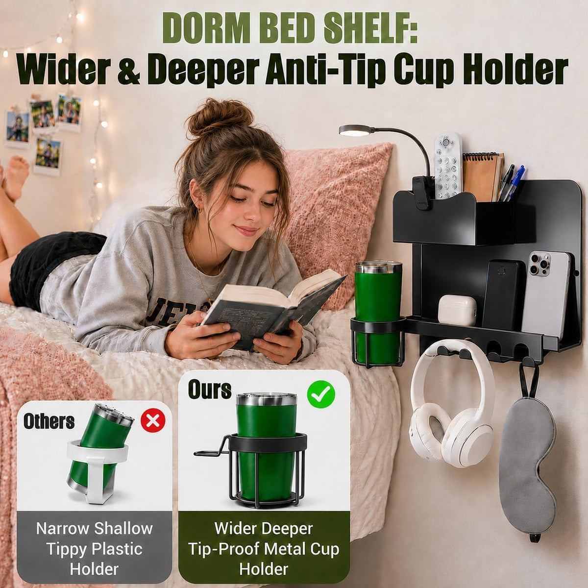 Floating Bedside Wall Shelf, Metal Wall Organizer with Detachable Cup Holde