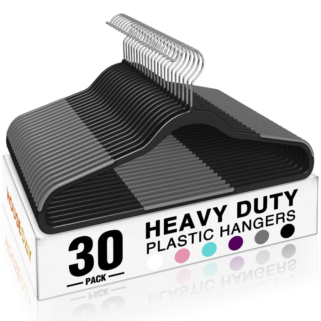 HOUSE DAY Non Slip Plastic Clothes Hangers 60 Pack with Rubber Pads, Grey