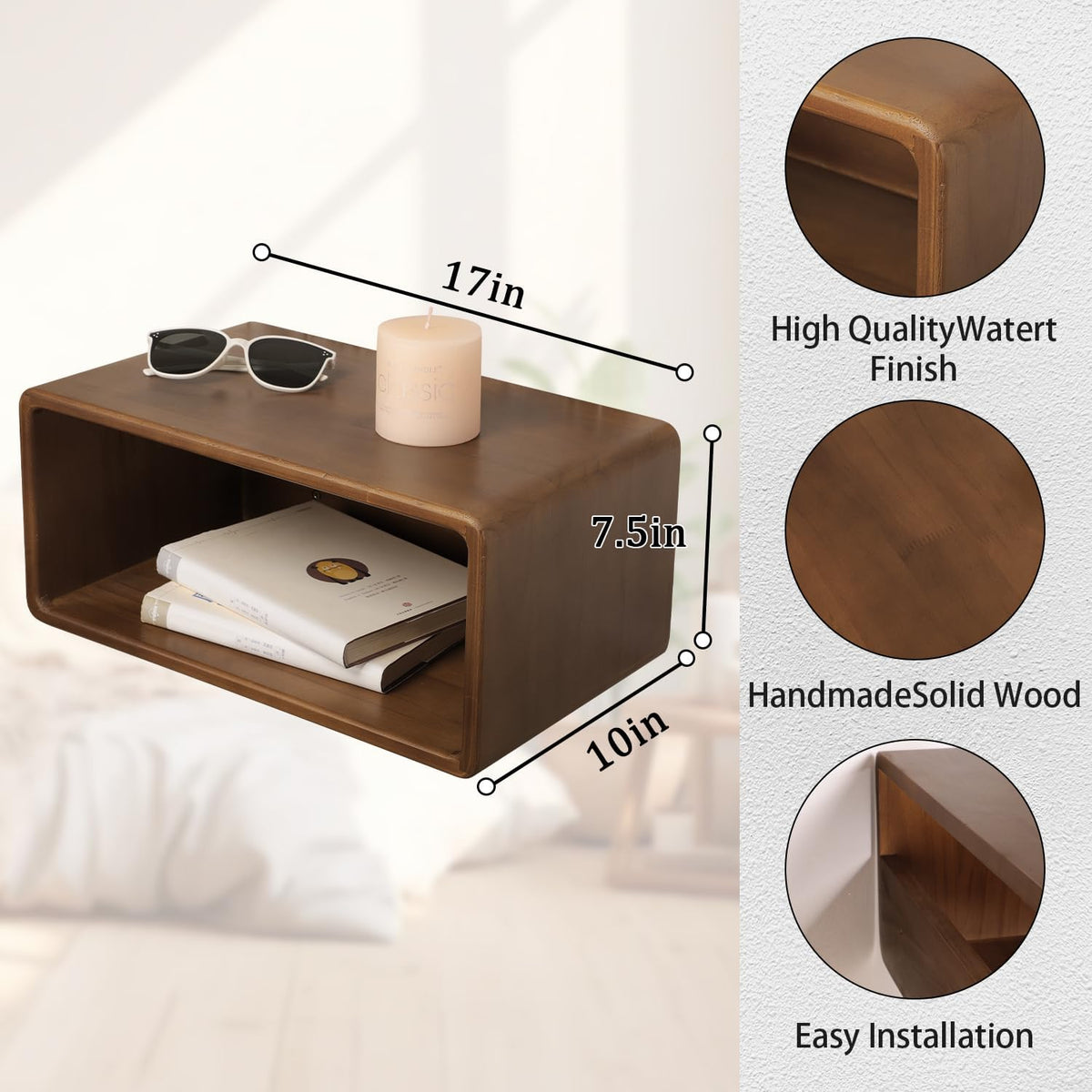 Floating Nightstand, Wall Mounted Bedside Shelf, Handmade Bedroom Furniture,Pine Wood Floating Bedside Table, Minimalist and Unique Style 18”x 10”x 7.5” Brown