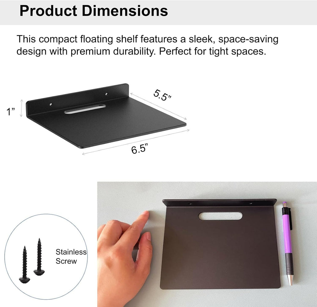 Small Floating Shelf –3mm Thick, 6.5 inch, Metal Wall Shelf, Metal Floating Shelves for Echo, Cameras, Small Speaker