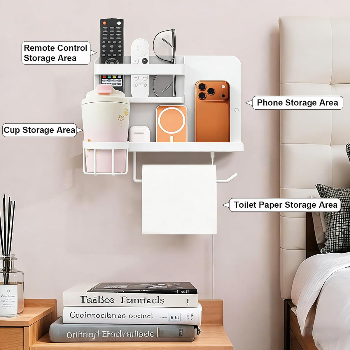 Bcareself Bedside Wall Organizer, Floating Bedside Shelf Wall Mount, Dorm Room Essentials, Remote Control Holder, Dorm Decor Organization and Storage Cool Teen Girls Trendy Stuff (White)