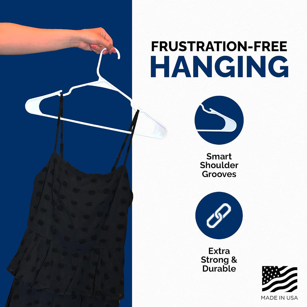 Closetselect Plastic Hangers 50 Pack, Strong Space Saving Notch Hanger, Made in USA, Perfect Shirt or Coat Plastic Hanger, with Shoulder Grooves, White, Notched