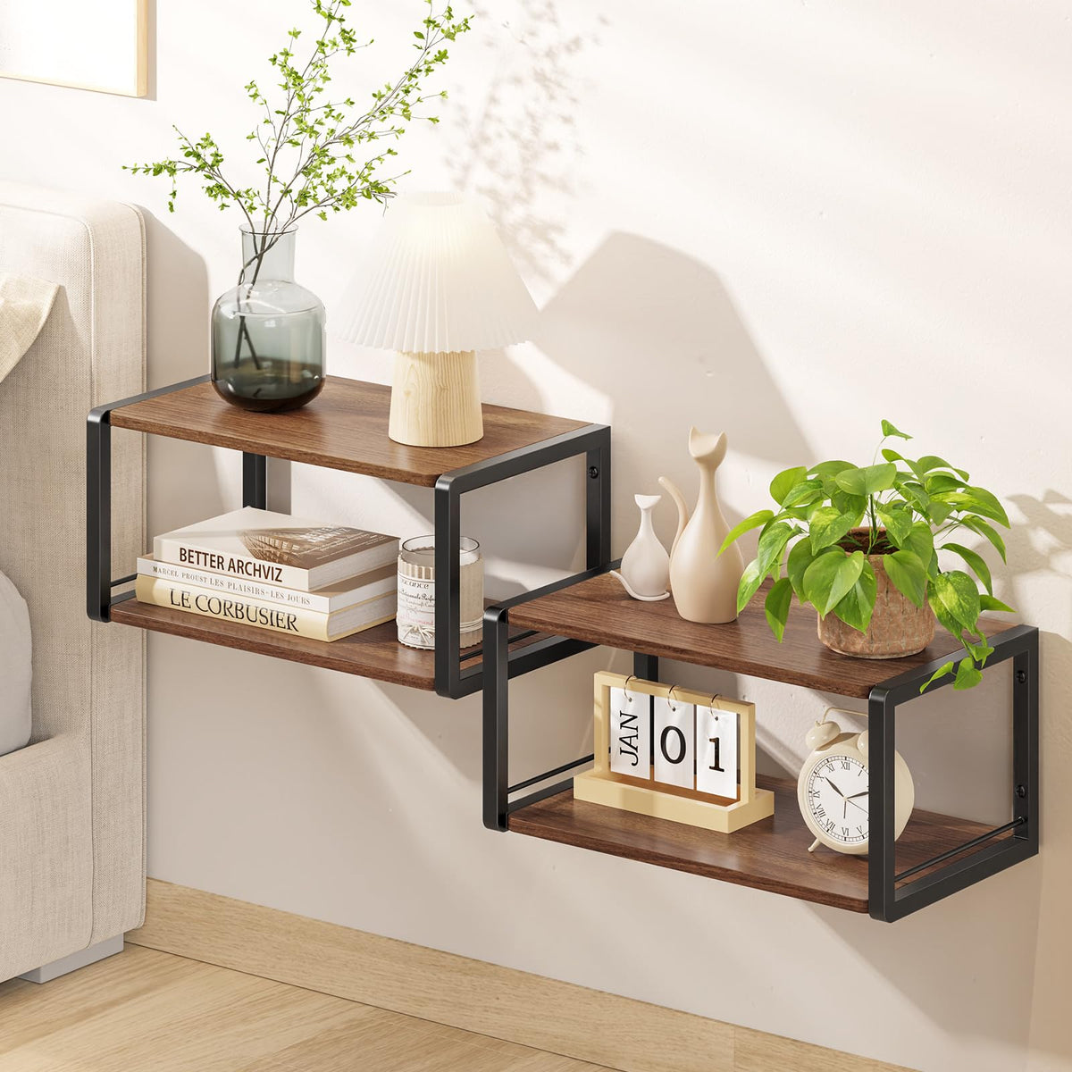Floating Nightstand, Wood Bedside Shelf Wall Mounted Nightstand with Heavy-Duty Frame, Floating Bedside Table for Bedroom, Bathroom, Kitchen, (Vintage Brown, 1 Pack)