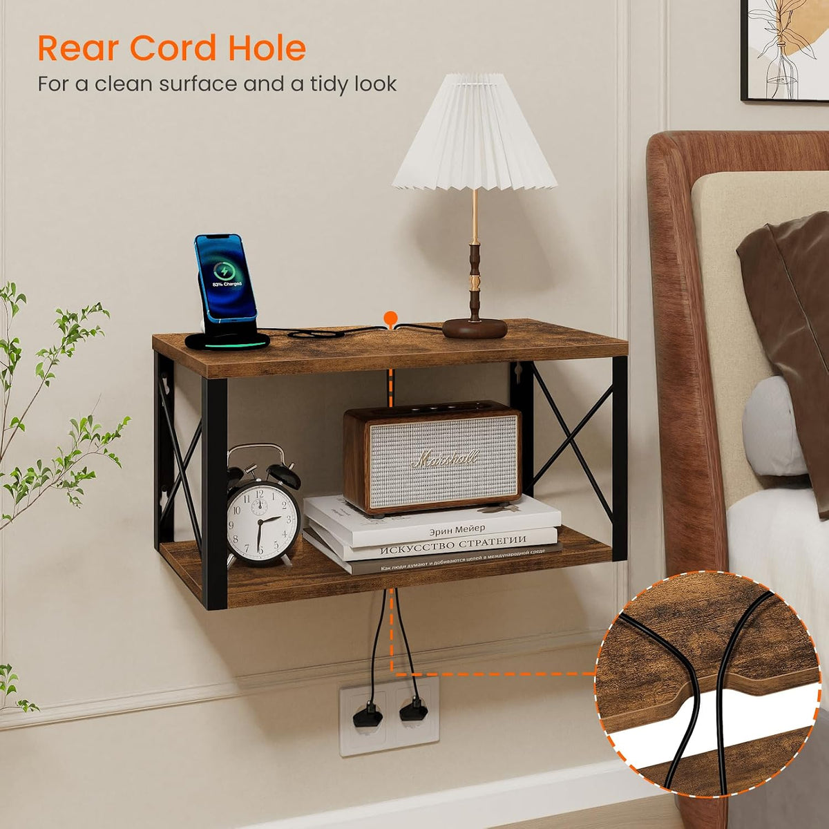 Homode Floating Nightstand, Wood Floating Bedside Table with Cable Hole