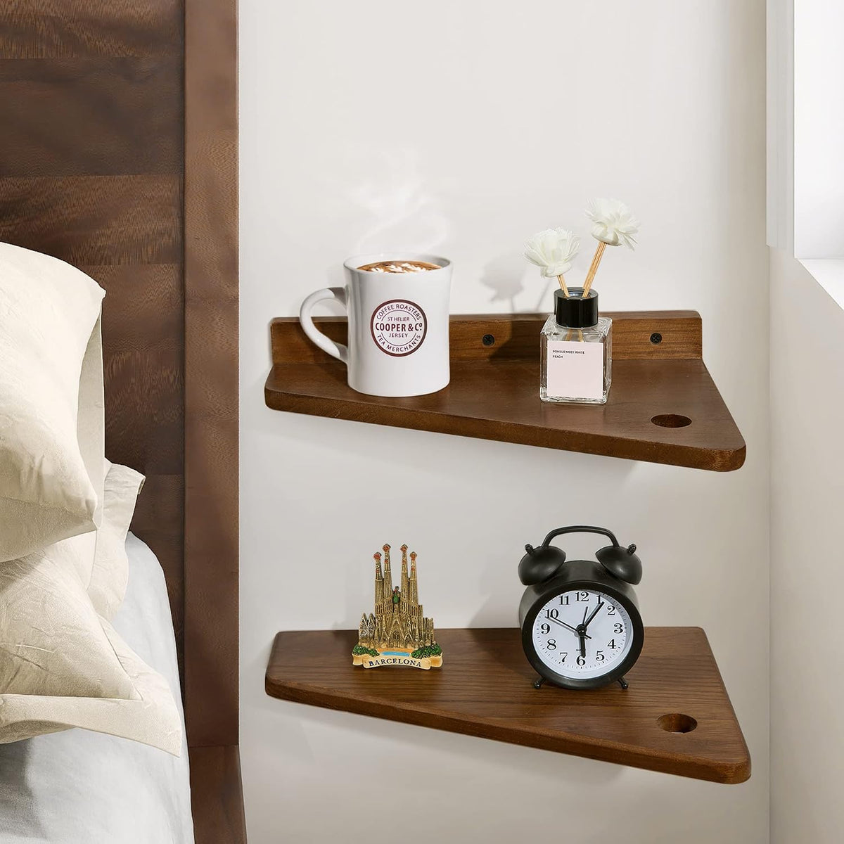 SUMGAR Floating Nightstand Set of 2 Walnut Bedside Shelf for Small Spaces
