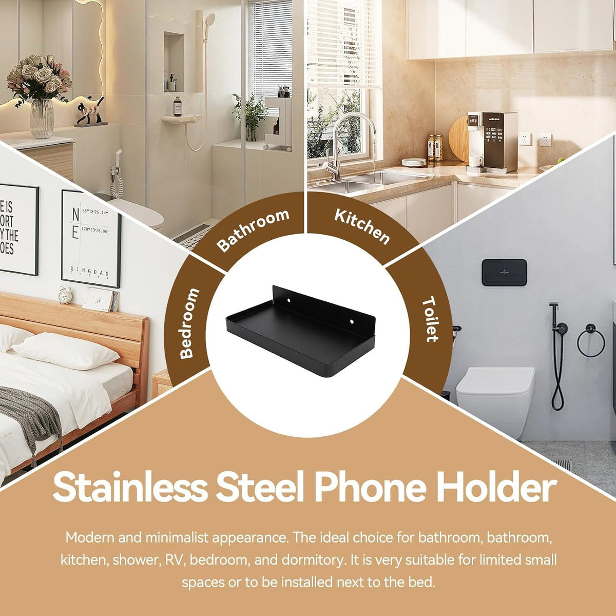 Cyrank Bathroom Cell Phone Shelf, Stainless Steel Wall Mount Toilet Phone Holder Toilet Small Floating Wall Shelves, 7.3x3.5 in (Black)
