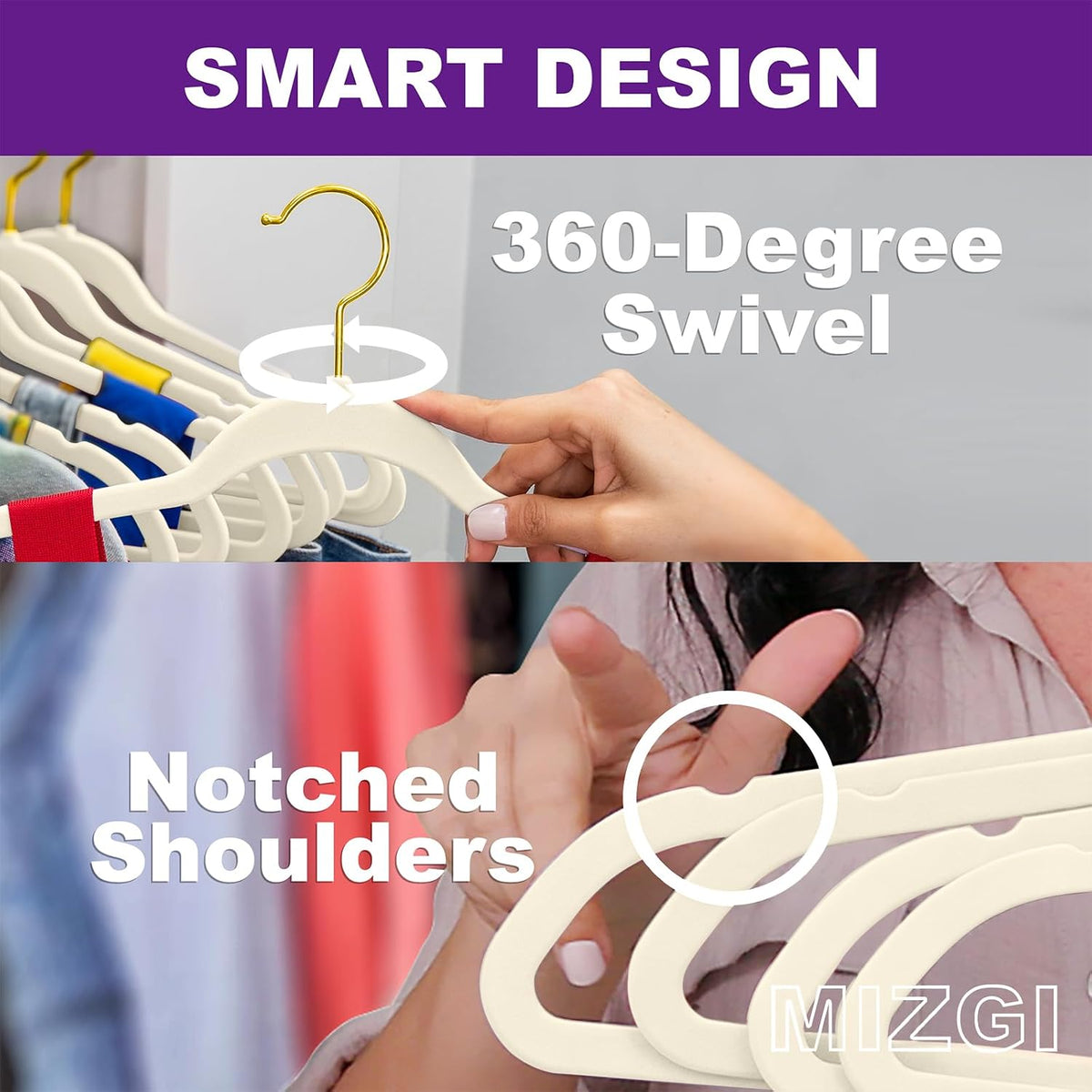 MIZGI Premium Velvet Hangers Pack 50 Pcs Heavyduty - Non Slip Slimline - Velvet Suit Hangers Ivory - Gold Hooks,Space Saving Clothes Hangers …