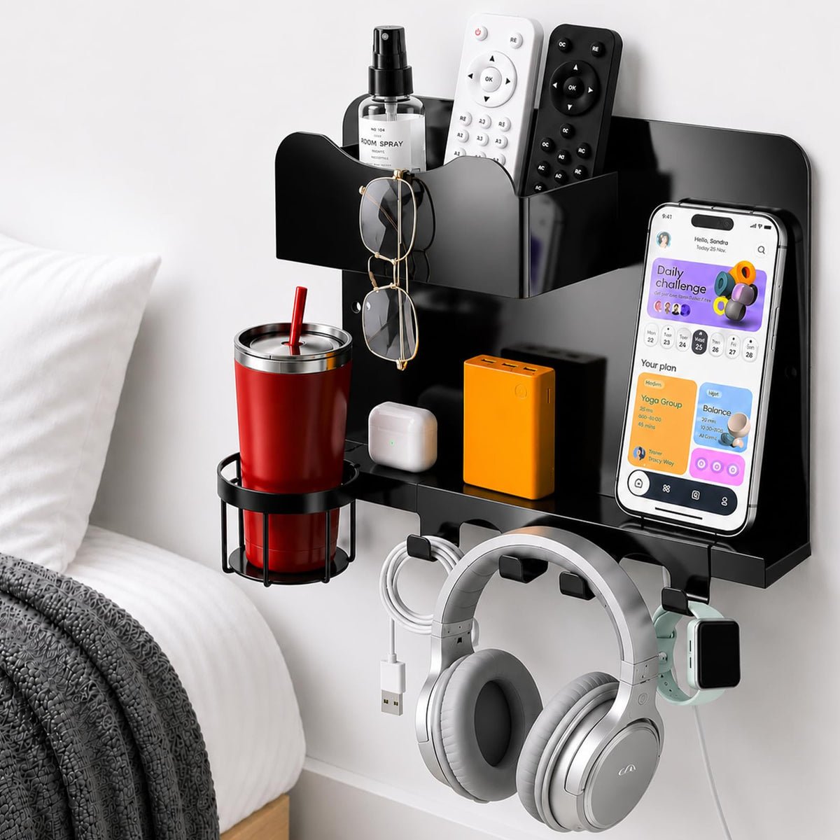 Metal Bedside Wall Shelf, No Drill Floating Bedside Shelf Wall Organizer