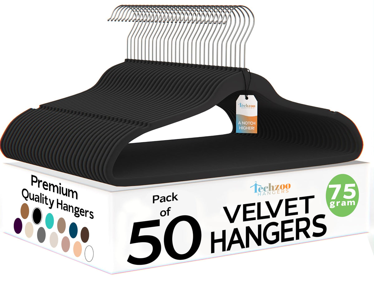 Techzoo 50 Pack New Premium Quality Velvet Hangers Ultra Thin Non Slip Adult Felt Space Saving Hangers for Closet Heavy Duty Coat Pants Jackets Dress Hangers 360° Swivel Hook Hold Upto 10 lbs Black