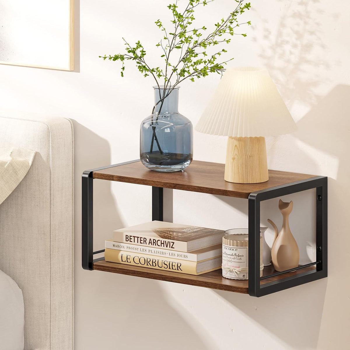 Floating Nightstand, Wood Bedside Shelf Wall Mounted Nightstand with Heavy-Duty Frame, Floating Bedside Table for Bedroom, Bathroom, Kitchen, (Vintage Brown, 1 Pack)