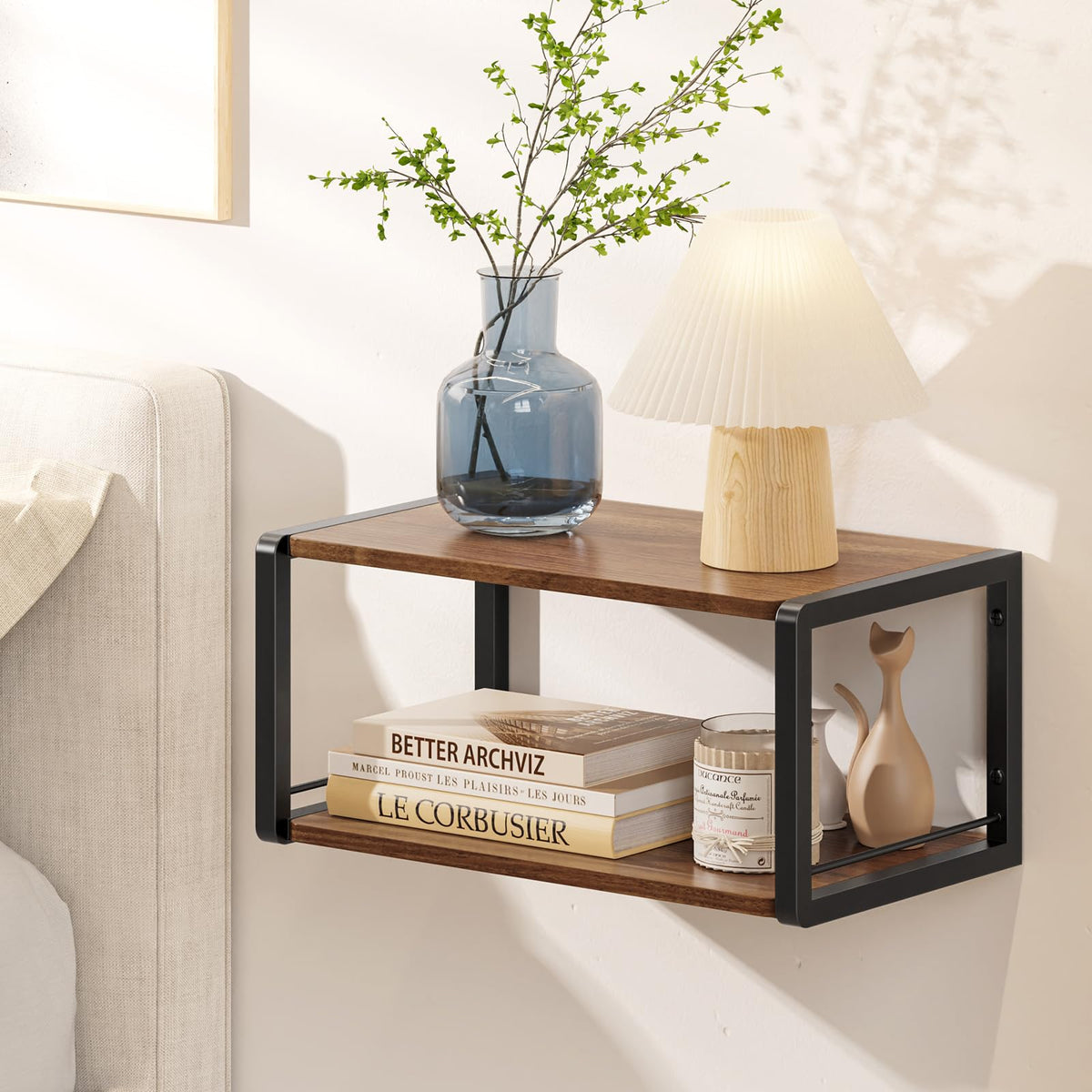 Floating Nightstand, Wood Bedside Shelf Wall Mounted Nightstand with Heavy-Duty Frame, Floating Bedside Table for Bedroom, Bathroom, Kitchen, (Vintage Brown, 1 Pack)