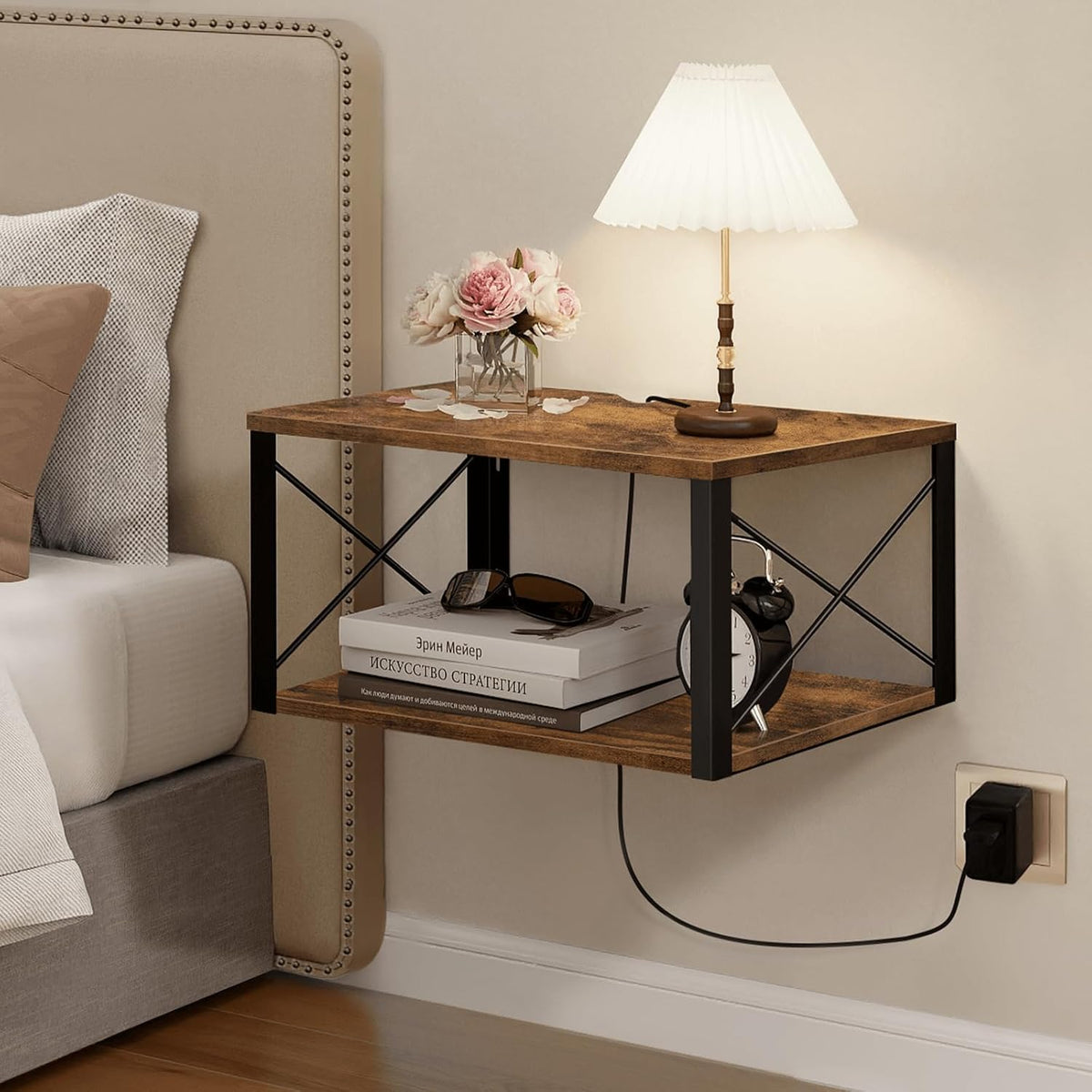 Homode Floating Nightstand, Wood Floating Bedside Table with Cable Hole