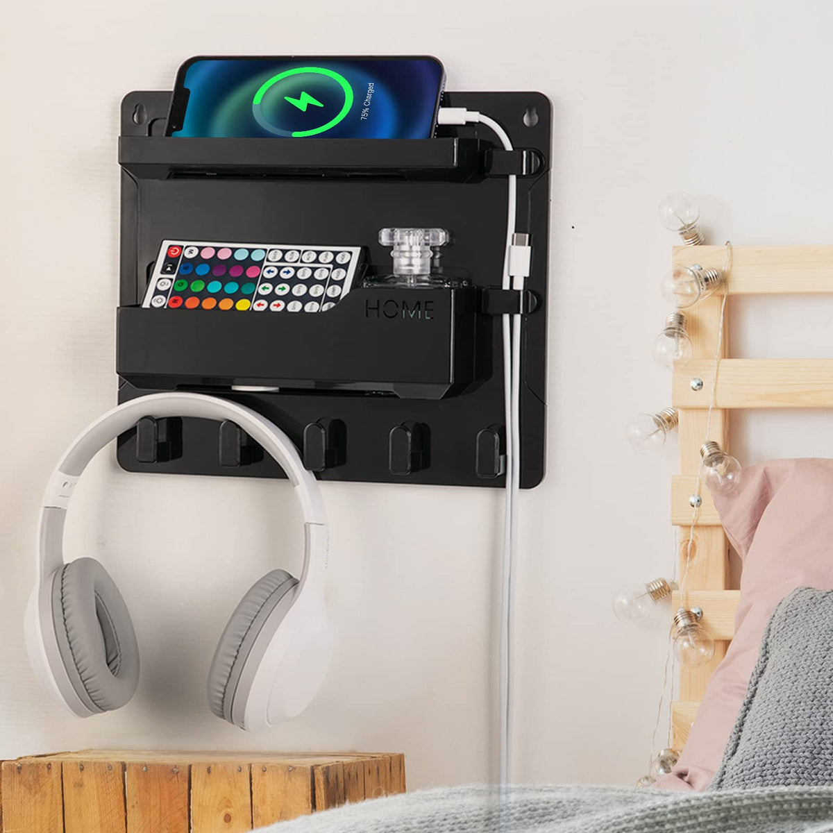YONGAIJIA Bedside Shelf Wall Mount with Hooks, Cable Clips, No-Drill, White