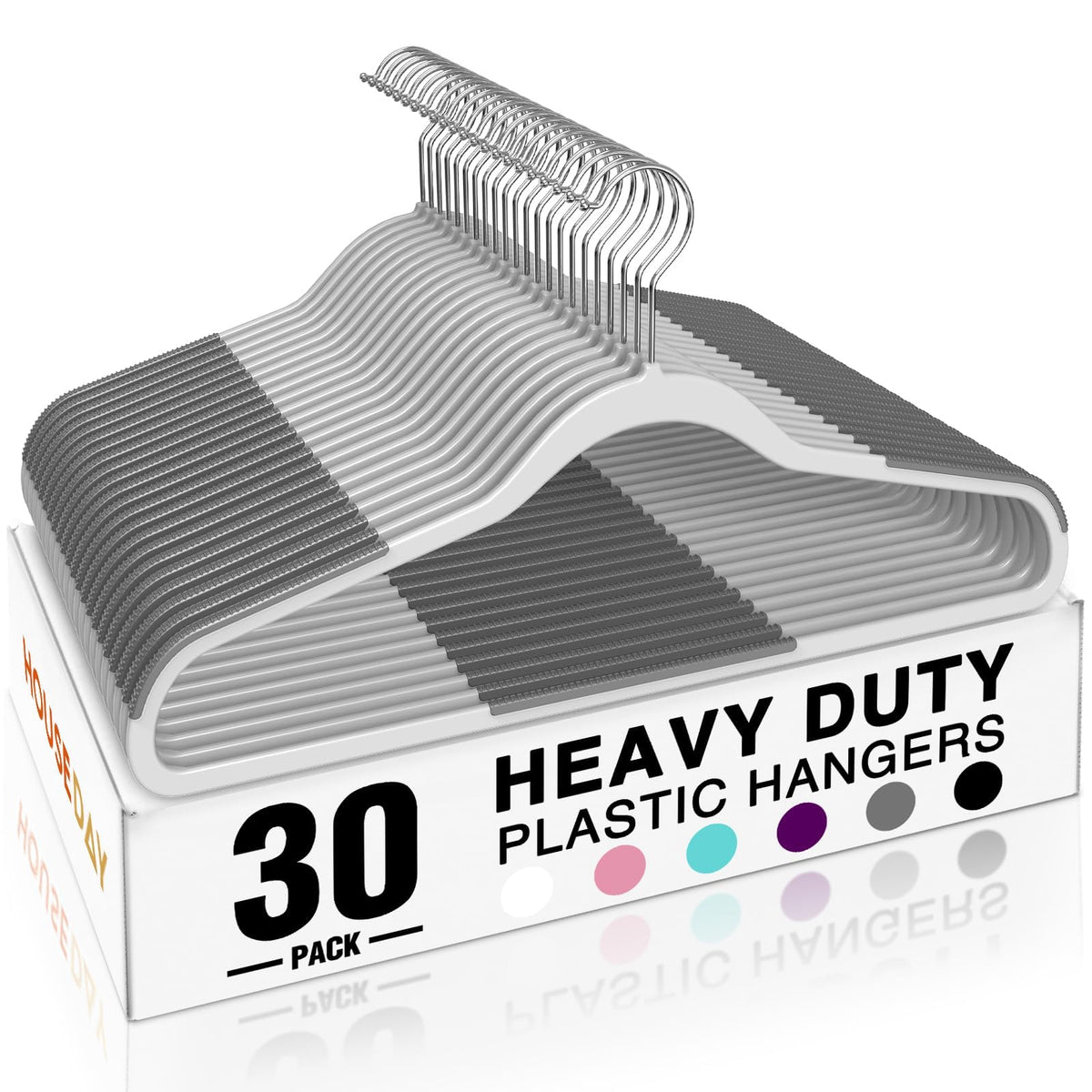 HOUSE DAY Non Slip Plastic Clothes Hangers 60 Pack with Rubber Pads, Grey