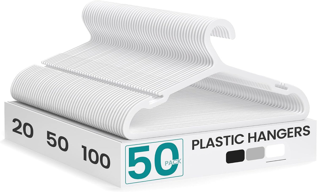 SONGMICS Clothes Hangers, Pack of 50, Plastic Hangers, with Wide Shoulder Notches, Space-Saving Coat Hangers, 16.4 Inches Wide, for Closet, Cloud White UCRP010W01