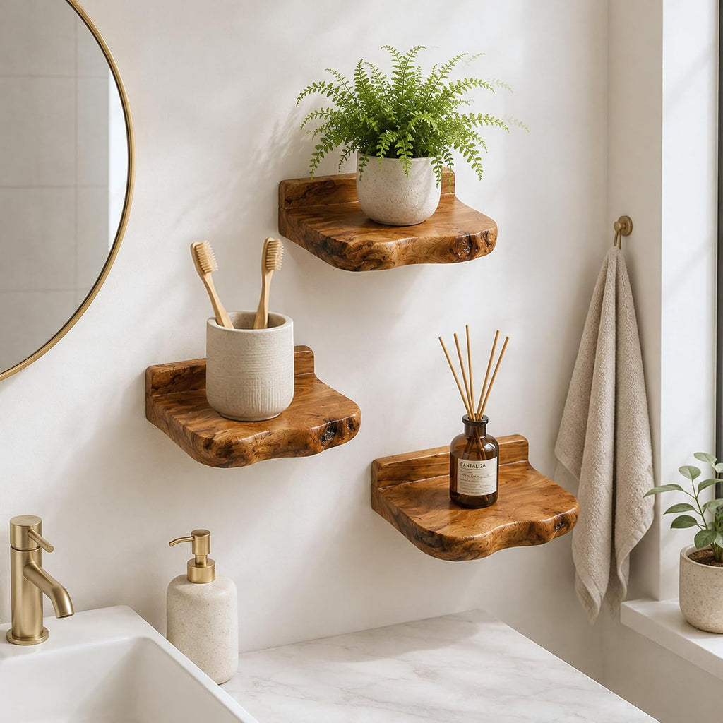Small Floating Shelf for Wall Set of 3 Natural Cedar Wood 6 Inch Mini Wall Shelves Decor Plant Display Collectibles Mounted Kitchen Bathroom Bedroom Corner Decorative Storage Tiny Stand