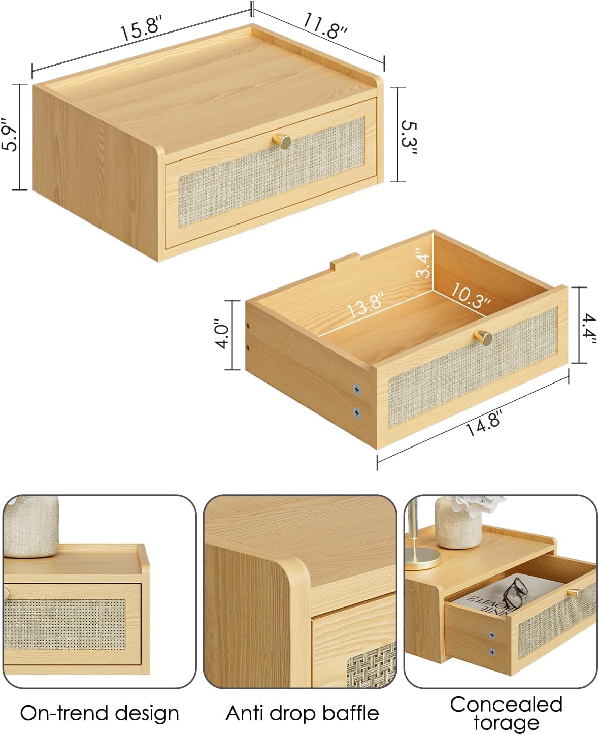 Floating Nightstand,Wall Mounted Night Stand with Drawer,Small Floating Shelves,Floating Wood Bedside Table for Bedroom、Living Room、Bathroom