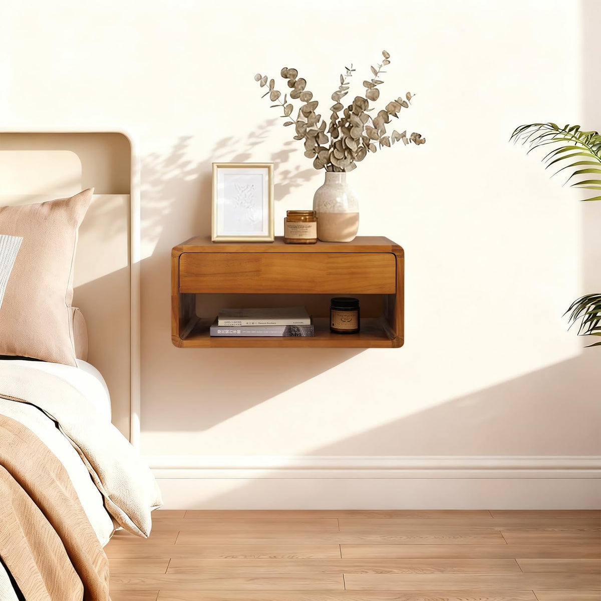 Floating Nightstand Wall Mounted Bedside Shelf Handmade Bedroom Furniture,Pine Wood Floating Bedside Table, Minimalist and Unique Style 17.5”x 9.5”x 8” Brown