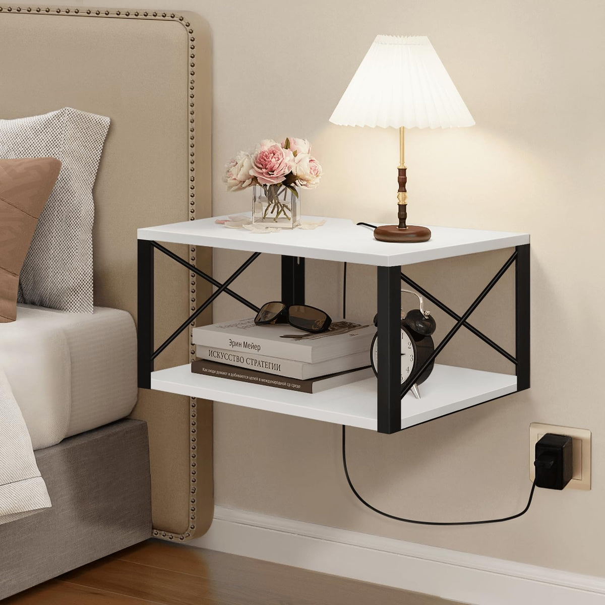 Homode Floating Nightstand, Wood Floating Bedside Table with Cable Hole