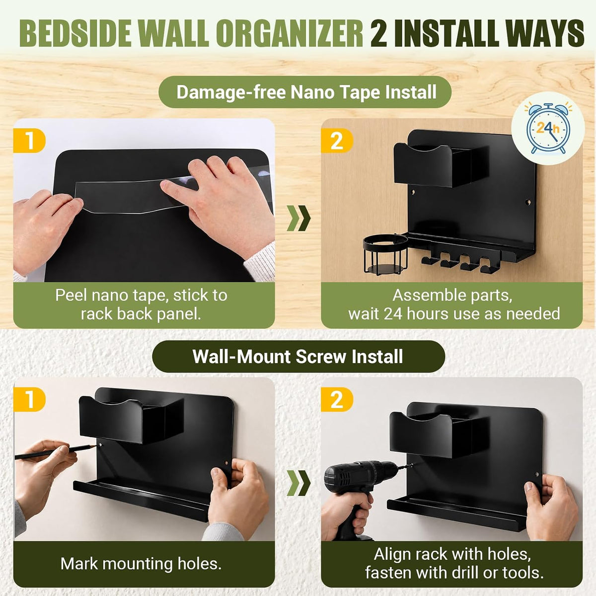 Floating Bedside Wall Shelf, Metal Wall Organizer with Detachable Cup Holde