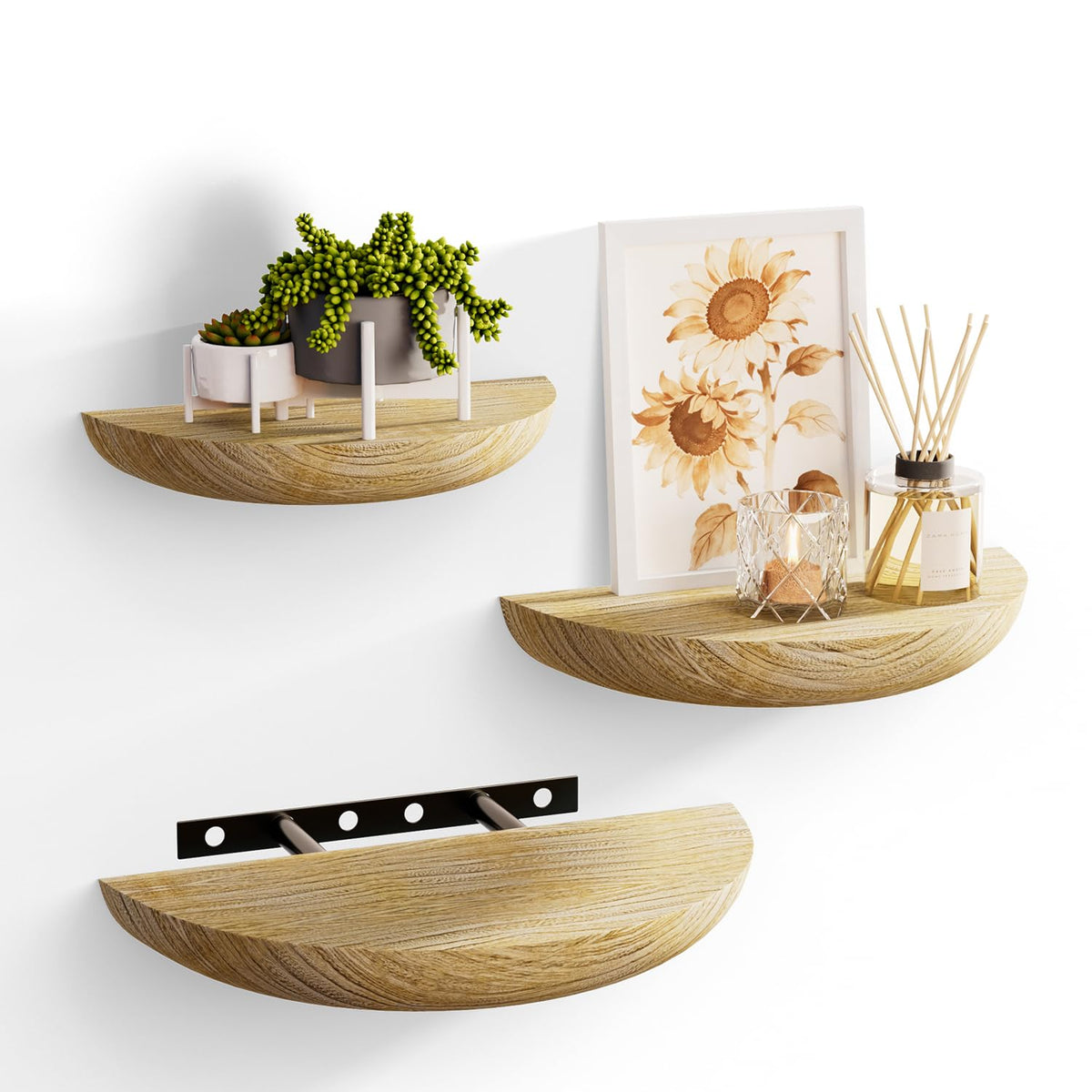 QsQueen Half Round Floating Shelves for Wall, 2 Pack Small Paulownia Wood, Screw Mount, for Plants & Decor