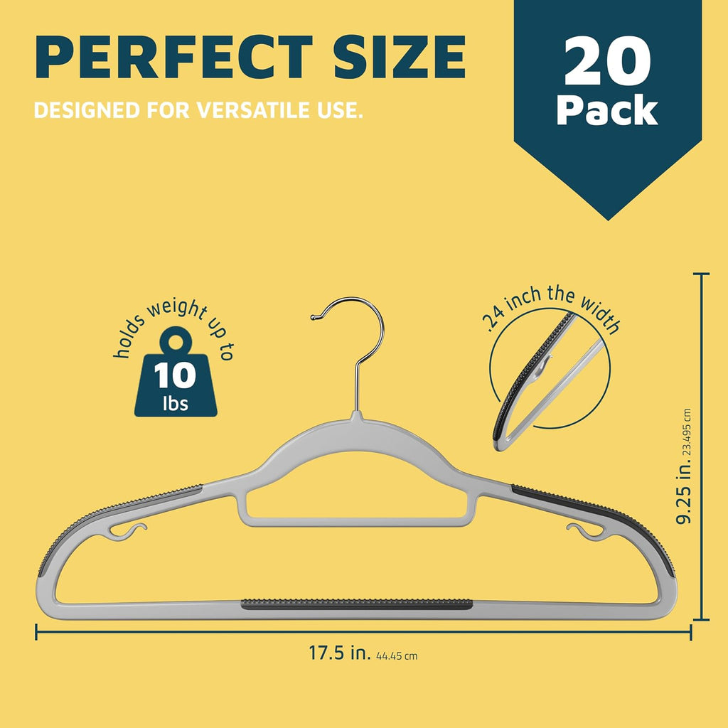 Lifemaster Plastic Clothes Hanger Set - 20 Pieces Versatile, Lightweight, Space-Saving, Non-Slip, Slim Designed, Dry and Wet Clothes Hanger Set with 360° Swivel Hook and Rubber Coating - Gray