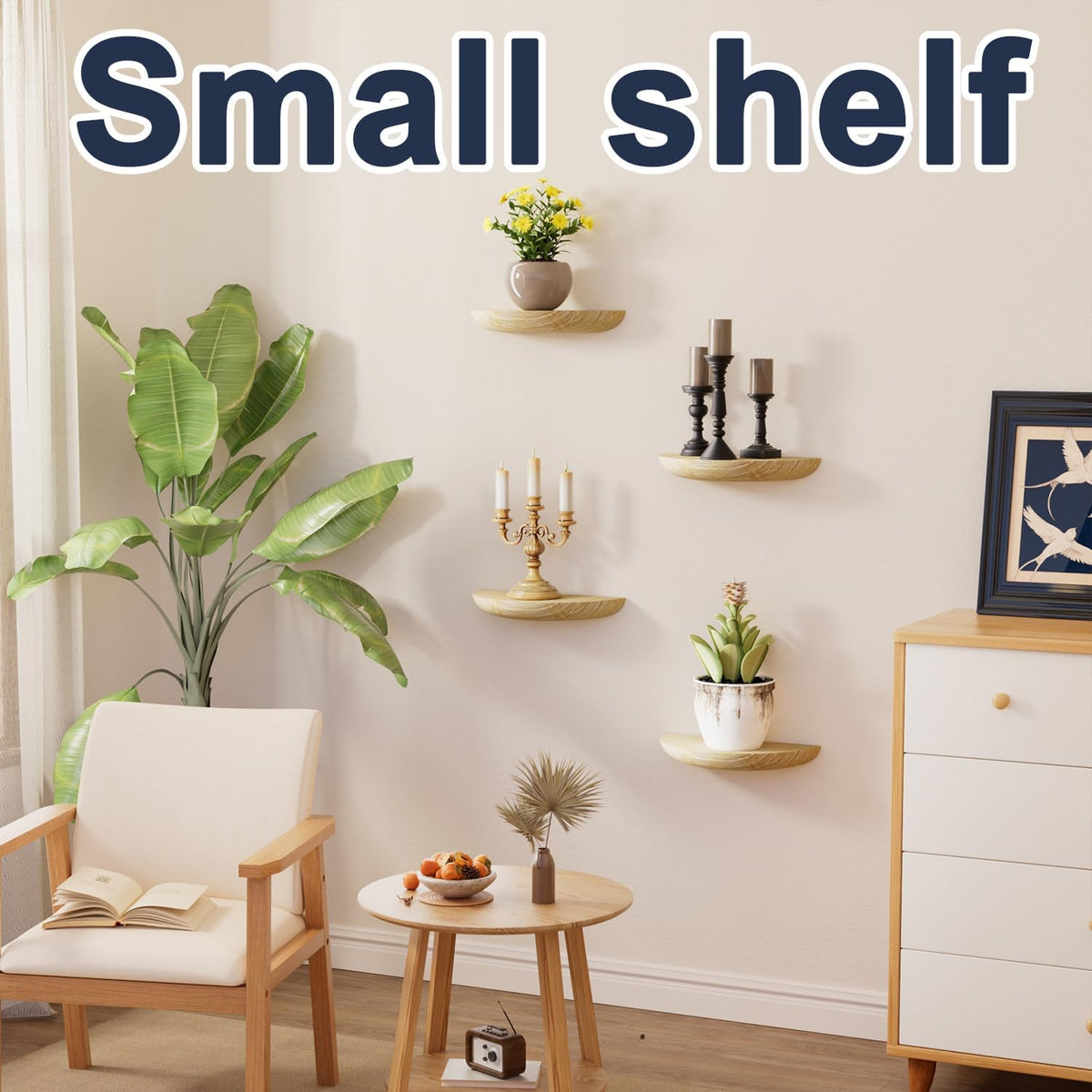 QsQueen Half Round Floating Shelves for Wall, 2 Pack Small Paulownia Wood, Screw Mount, for Plants & Decor
