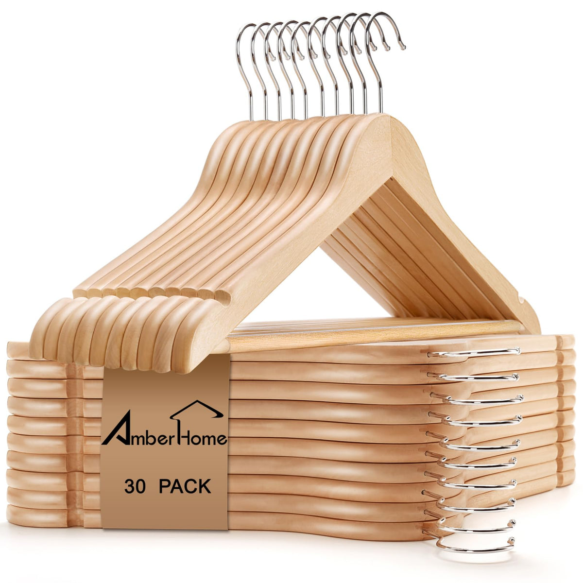 Amber Home 30 Pack Natural Wooden Coat Hangers, Wood Suit Hangers