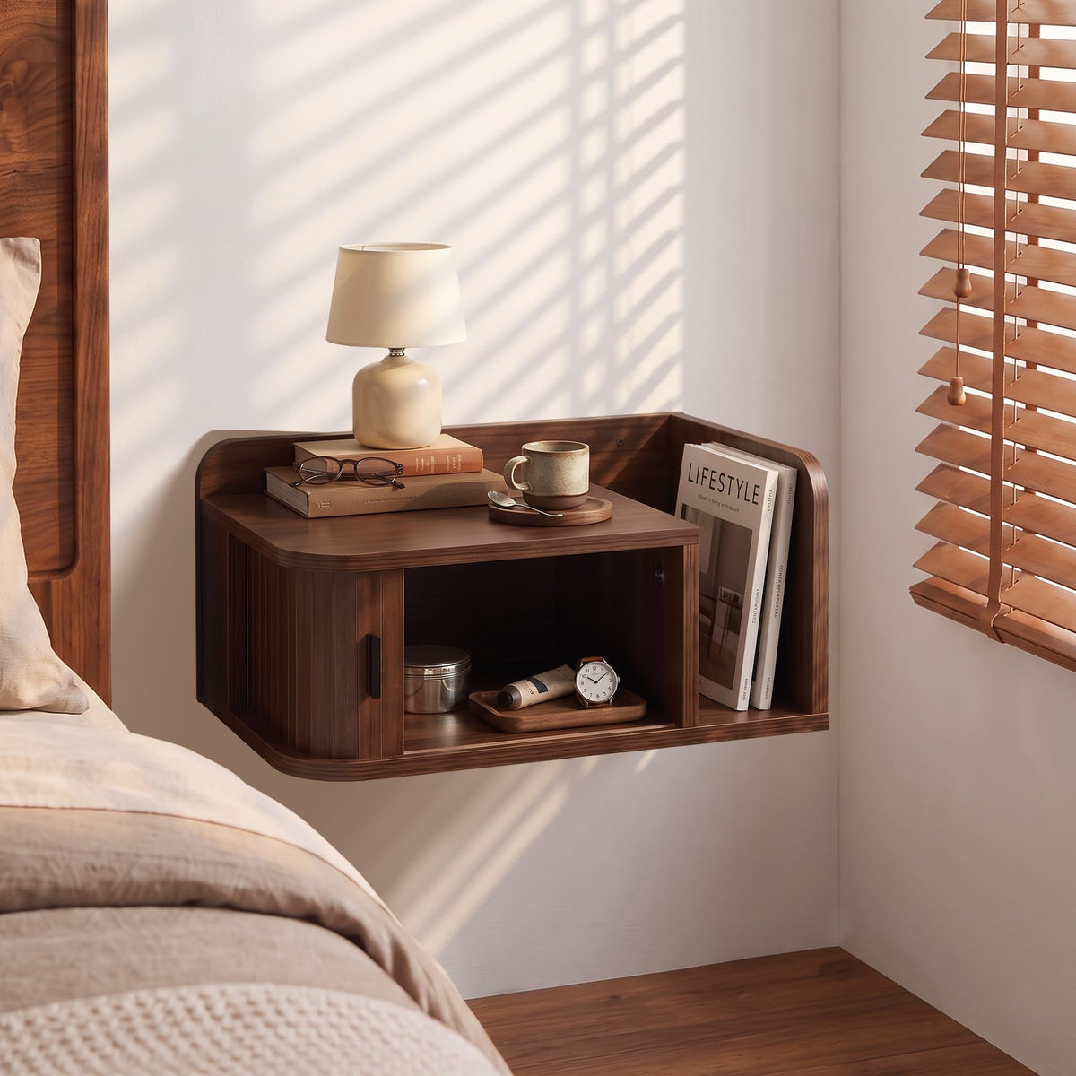 Floating Nightstand Walnut Fluted Bedside Table with Open Shelf (R)